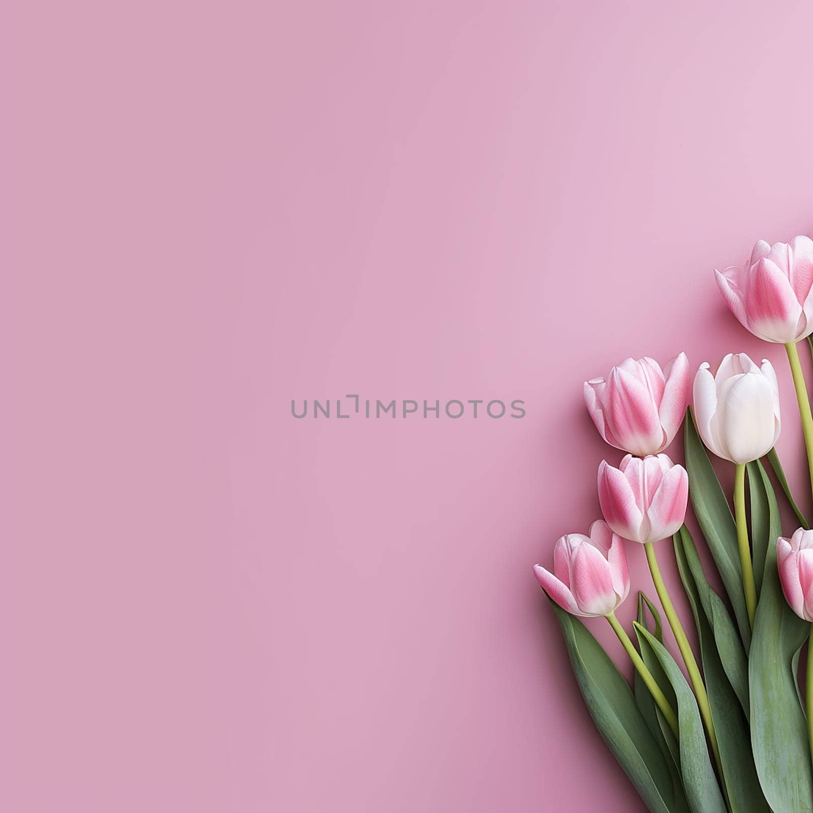 A bunch of pink and white tulips against a soft pink background.