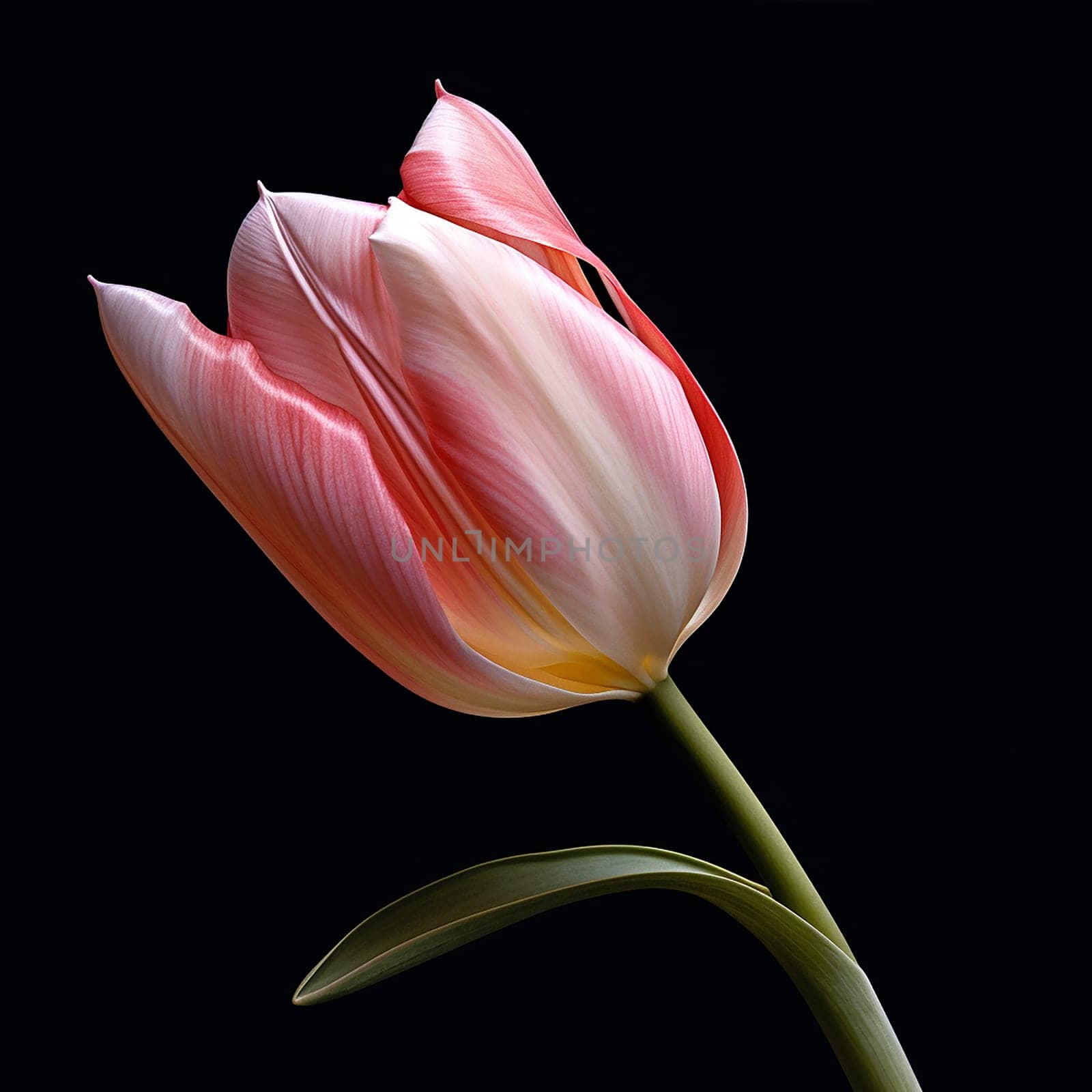 Elegant pink and white tulip against a black background