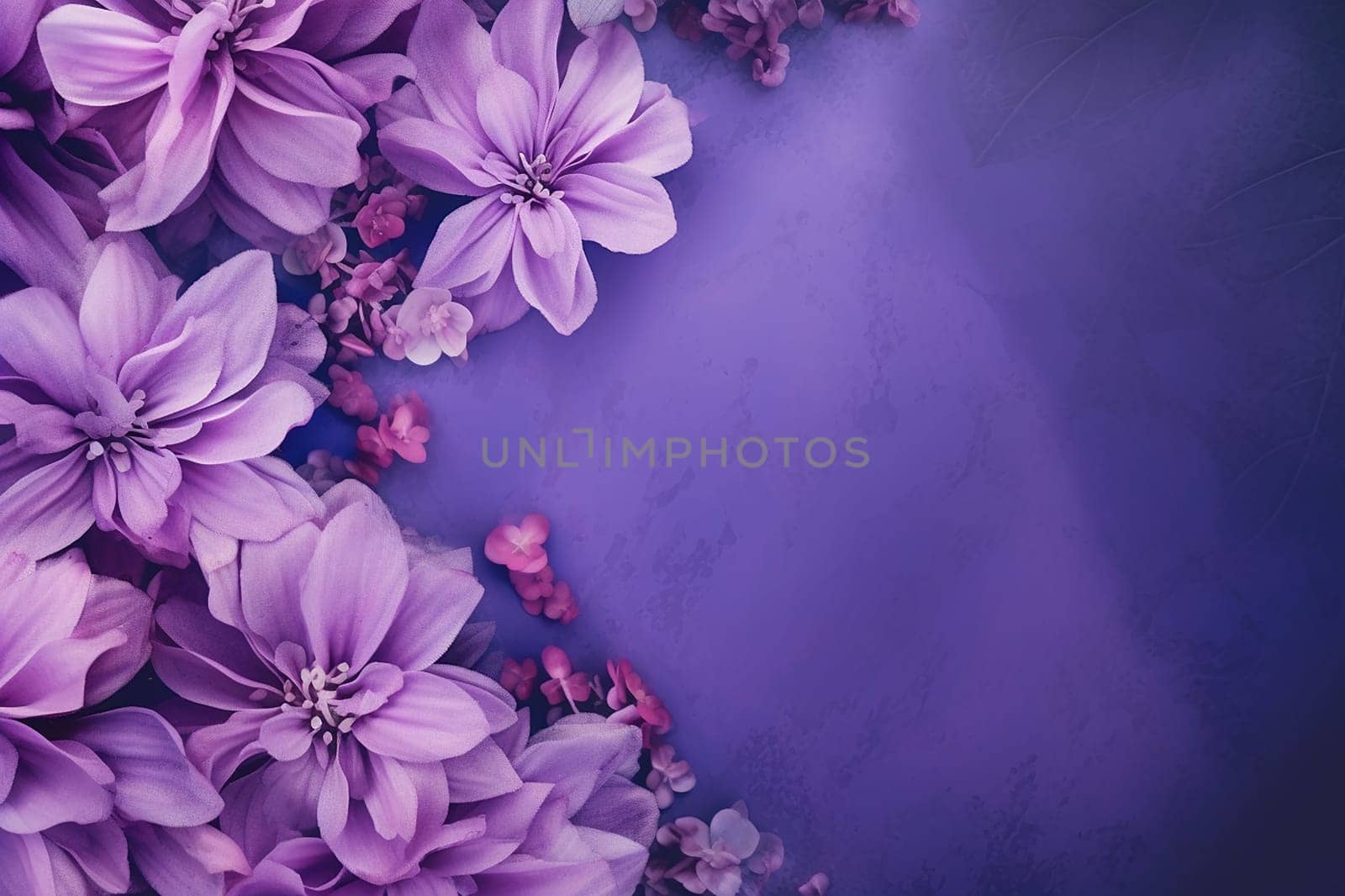 A collection of purple flowers against a blue textured background.