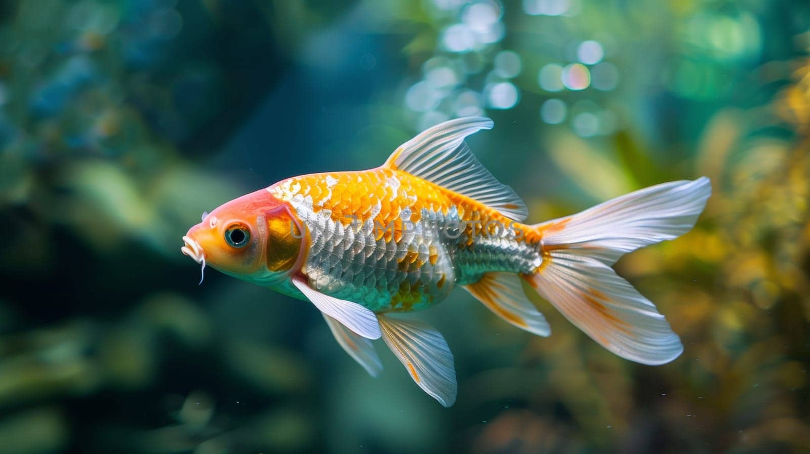 A goldfish swimming in a tank with some plants and water, AI by starush