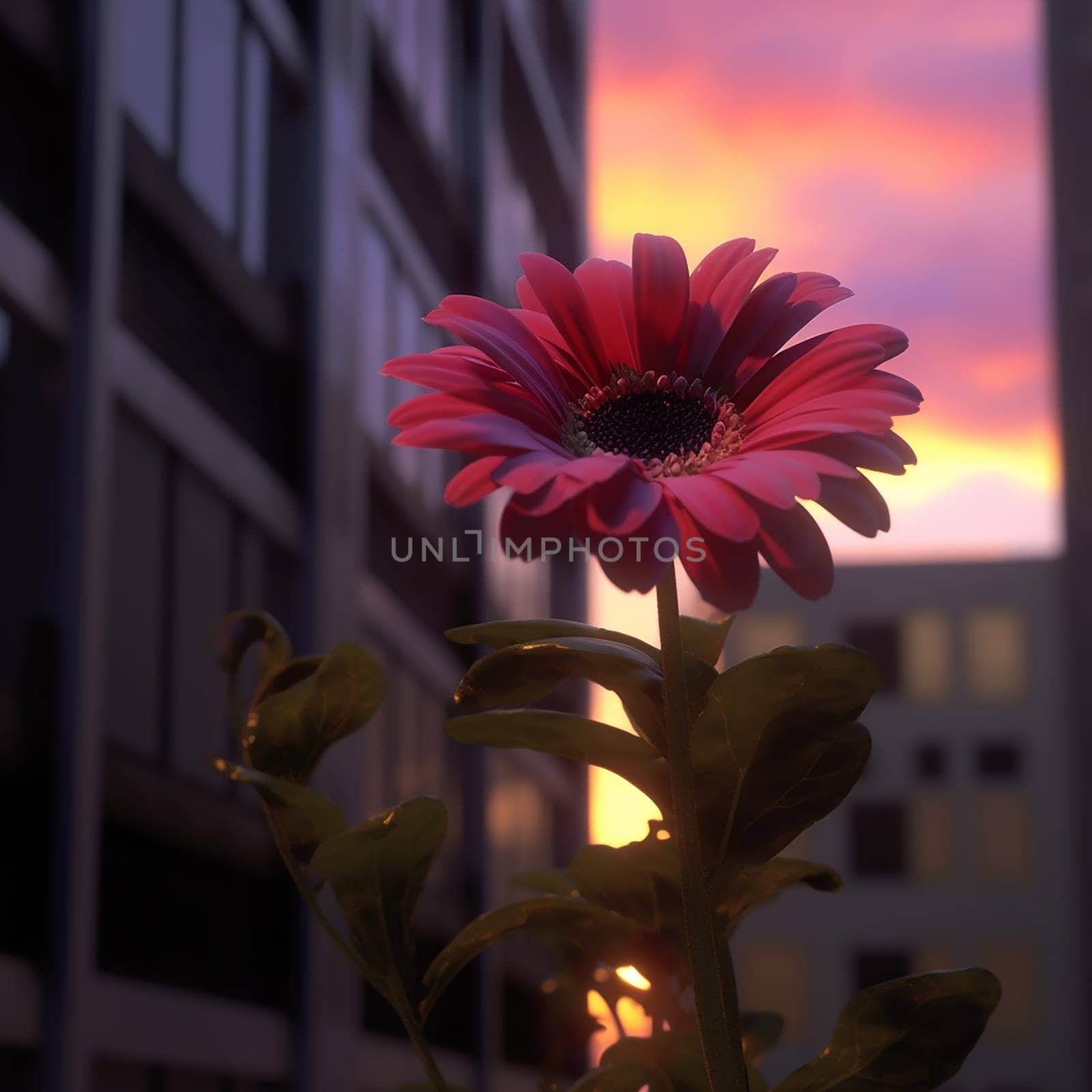 Red flower at twilight with urban backdrop.