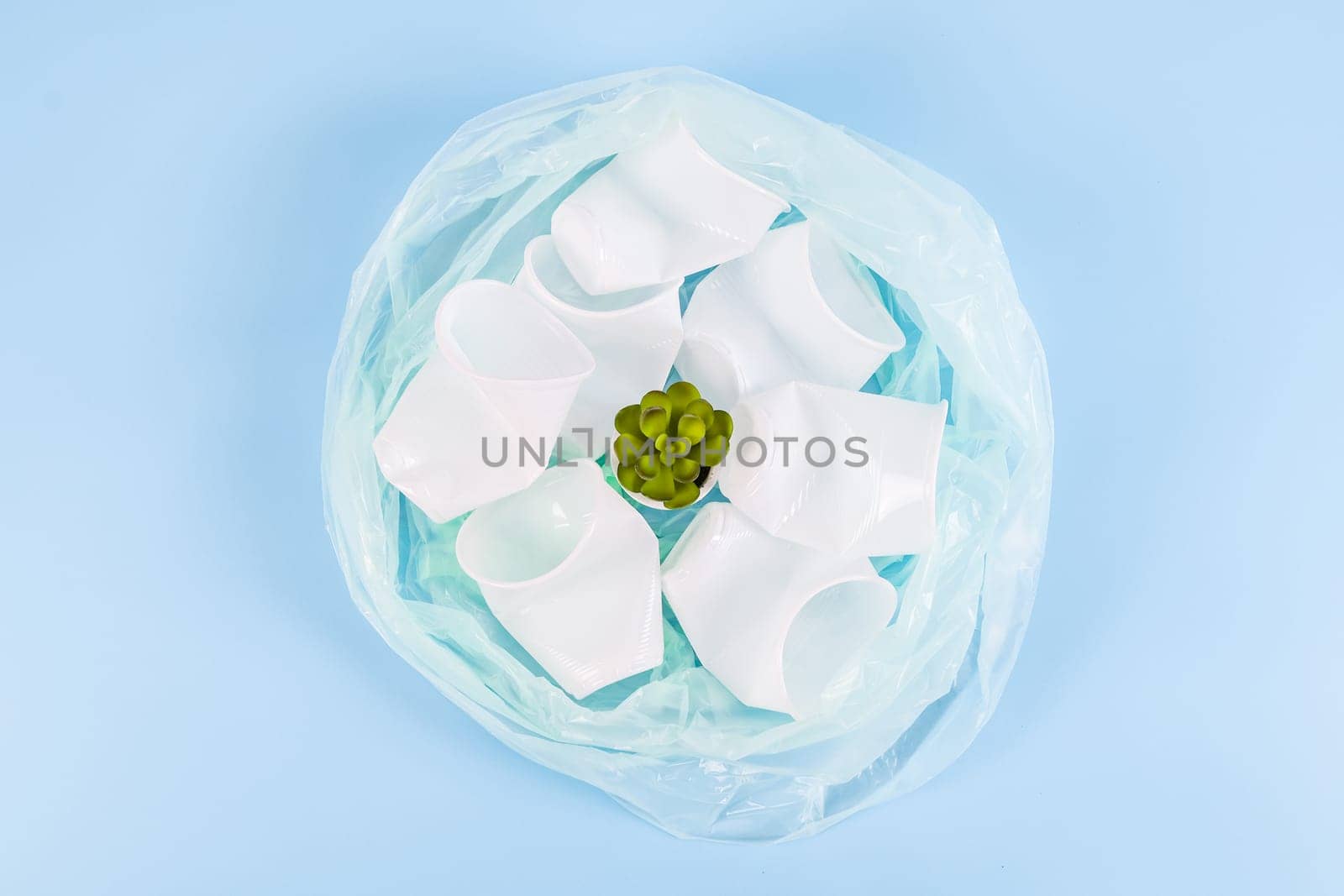 Crumpled plastic disposable cups and a succulent flower in a plastic bag lie on a pastel blue background, flat lay closeup. Eco-friendly concept, disposable tableware and ecology day.