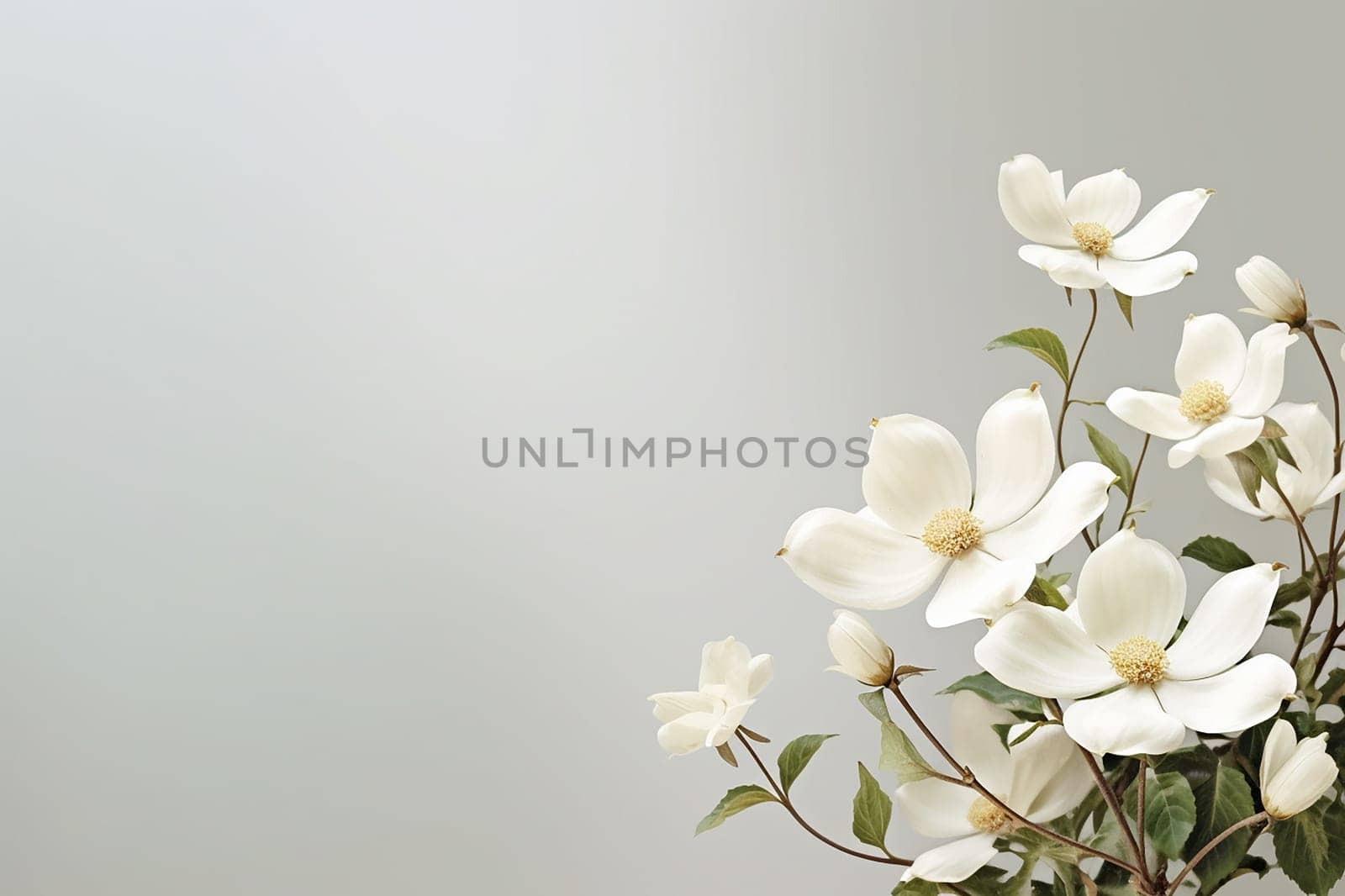 Elegant white flowers with prominent stamens against a soft grey backdrop.