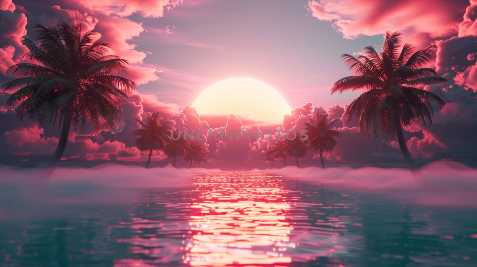 A sunset over a body of water with palm trees in the background
