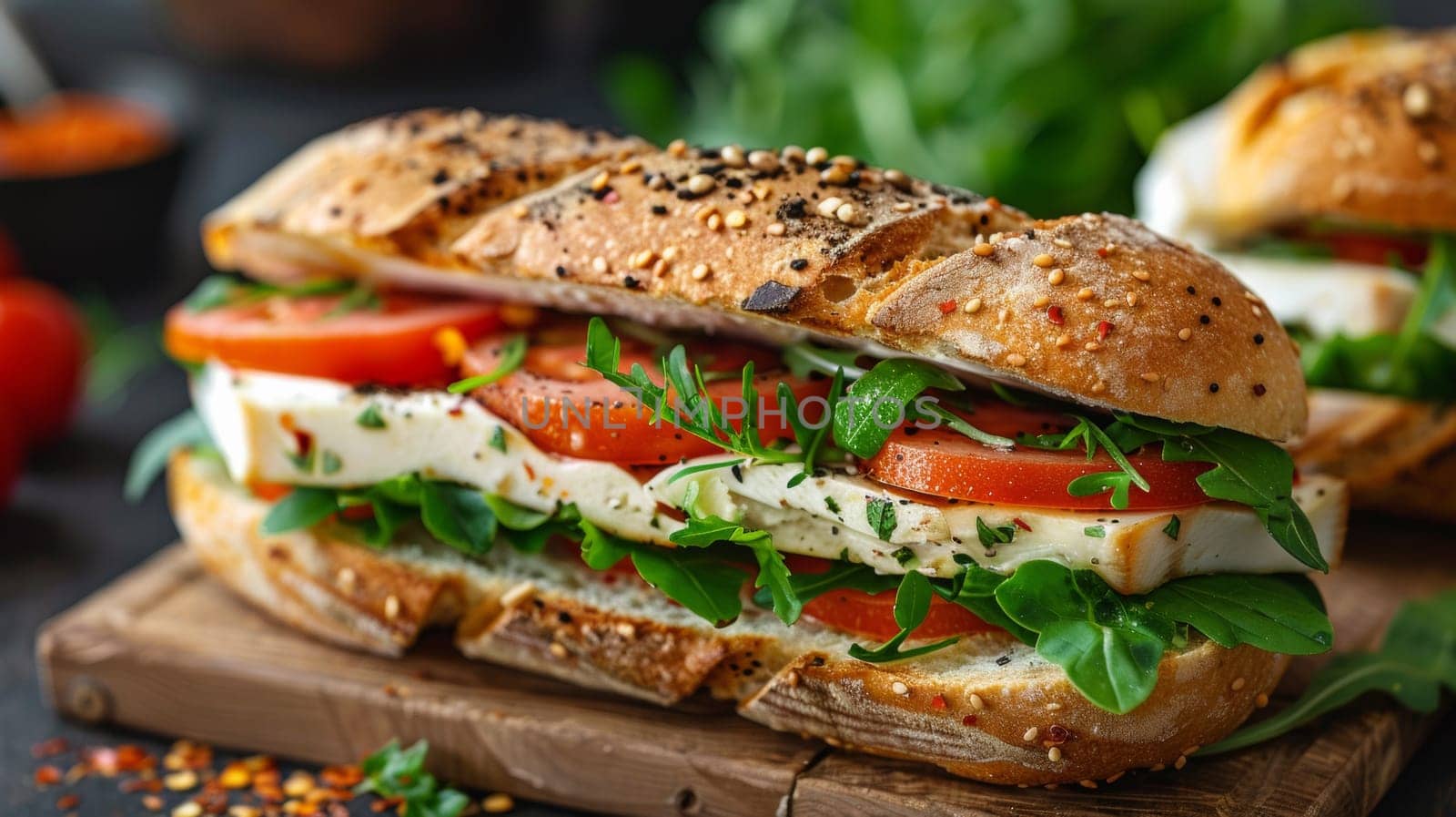 A sandwich with tomatoes, lettuce and cheese on a wooden cutting board