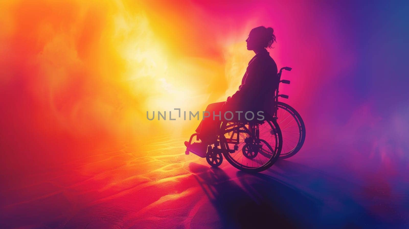 A silhouette of a woman in wheel chair with colorful background