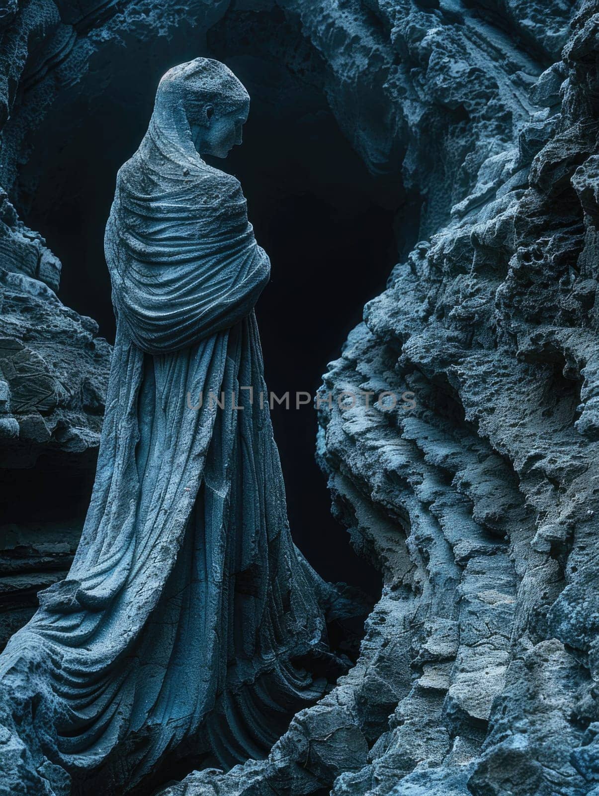 Antique stone sculpture of a woman standing inside a dimly lit cave.