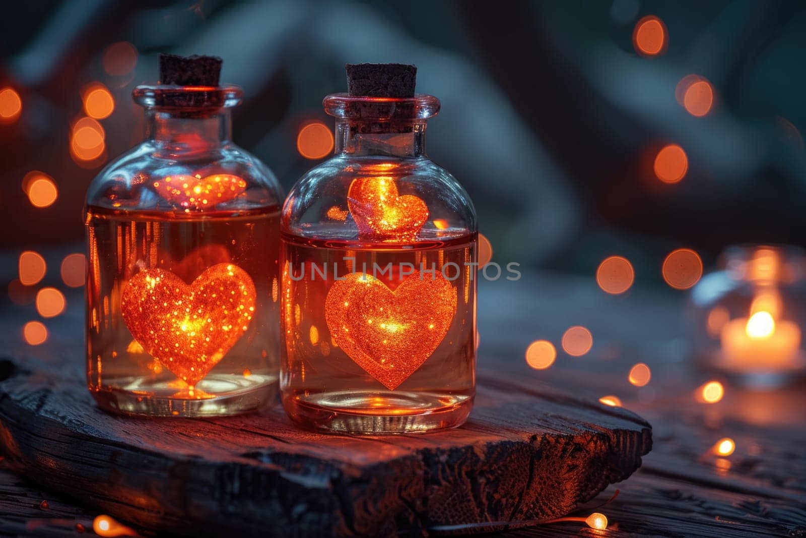 Several bottles glowing with internal lights, creating a magical and enchanting atmosphere.