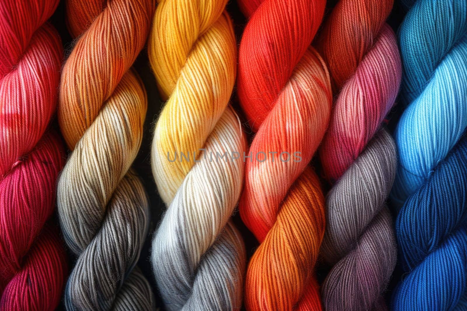 Close up of a spectrum of yarn skeins arranged neatly.