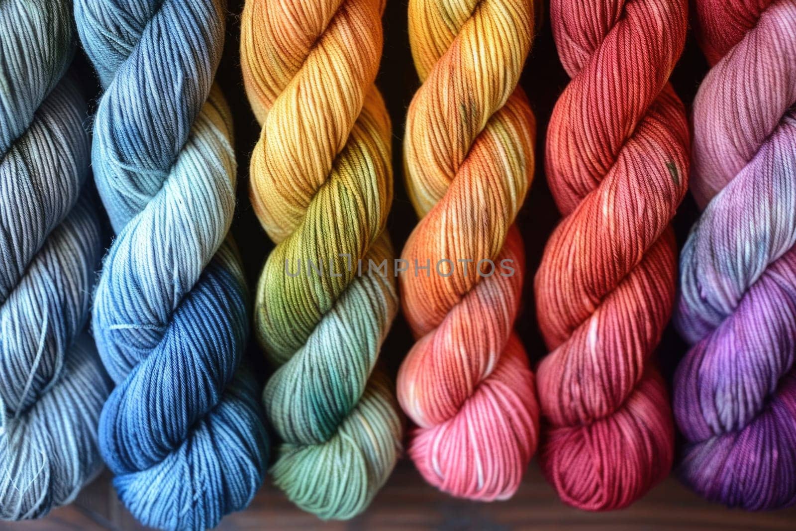 Close-up view of a diverse range of yarn skeins in different colors neatly arranged in a row.