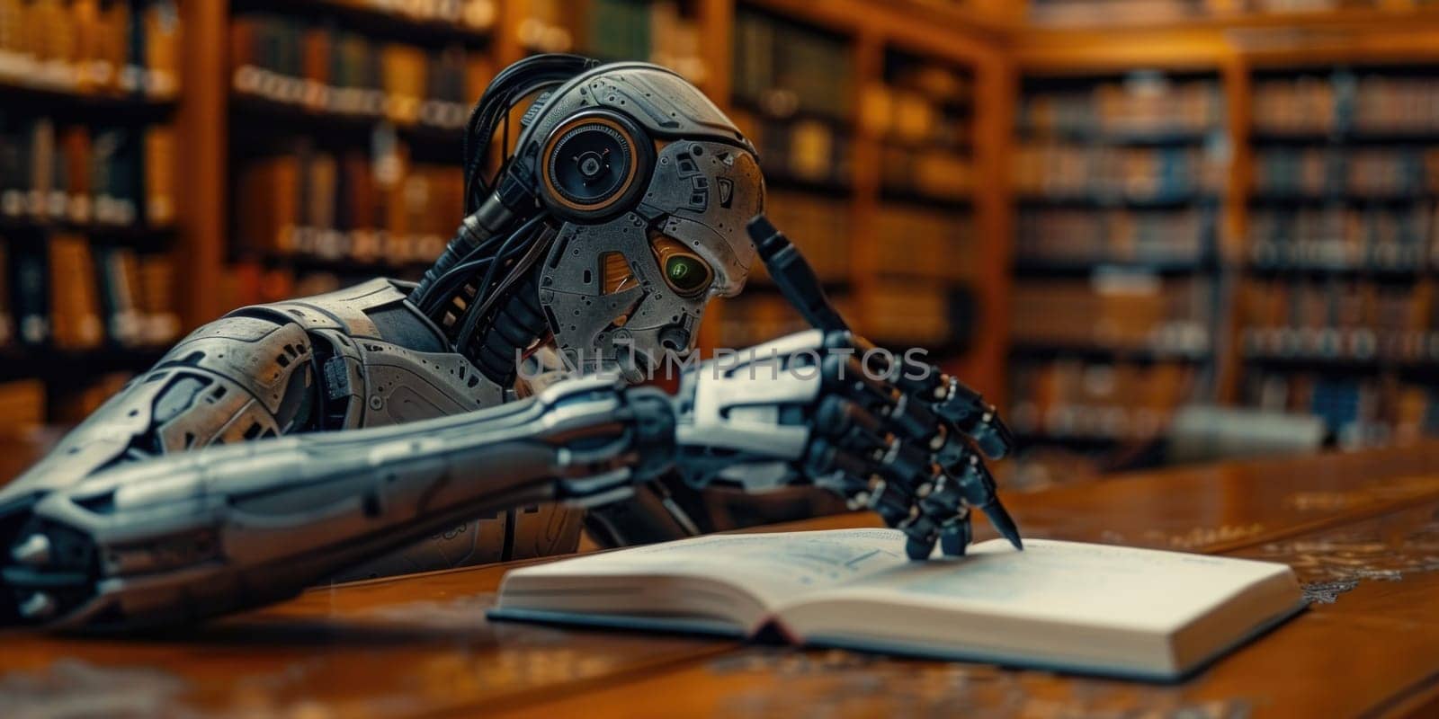 A robot in a library, reading a book attentively.