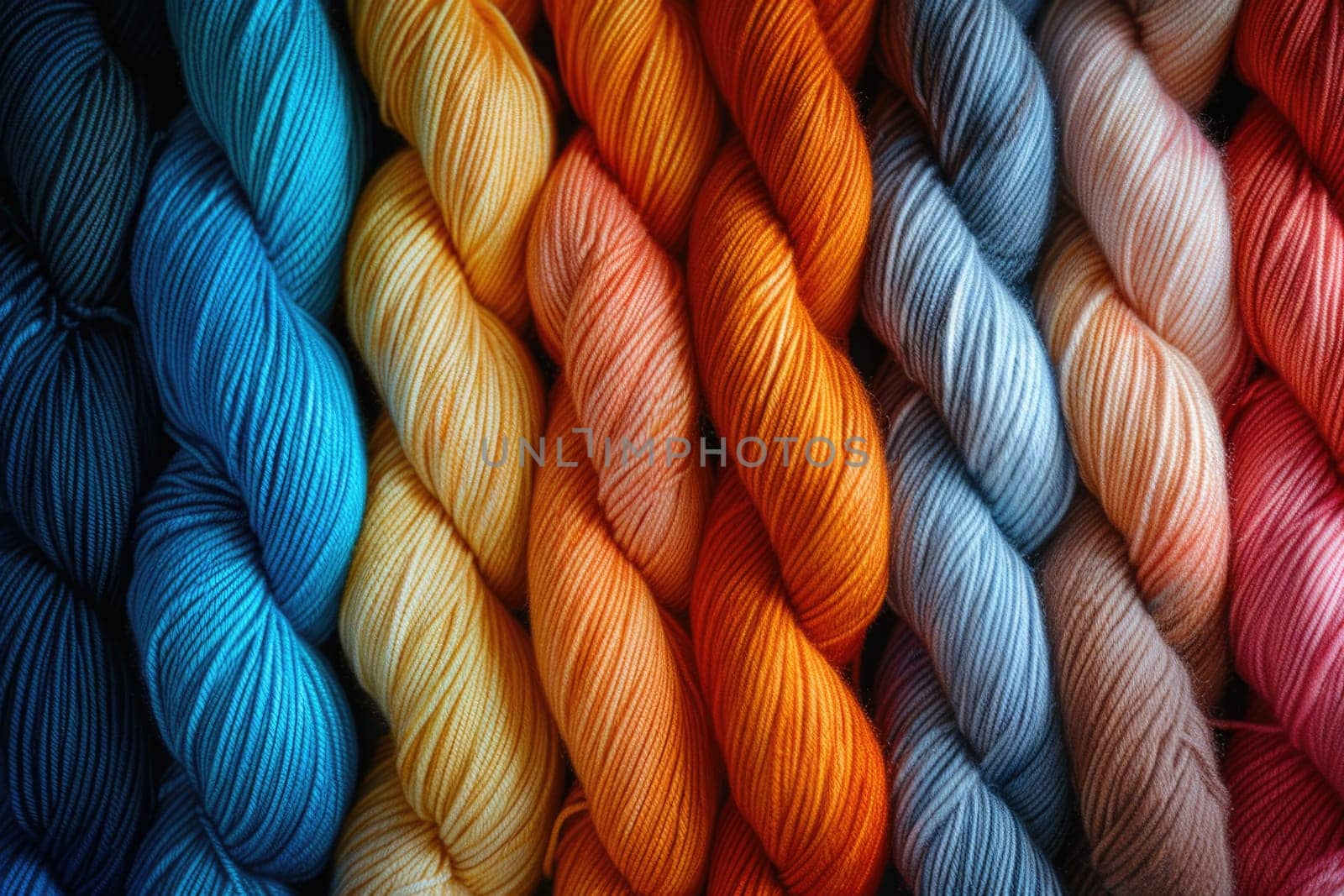 Close-up view of a variety of yarn skeins in different vibrant colors.