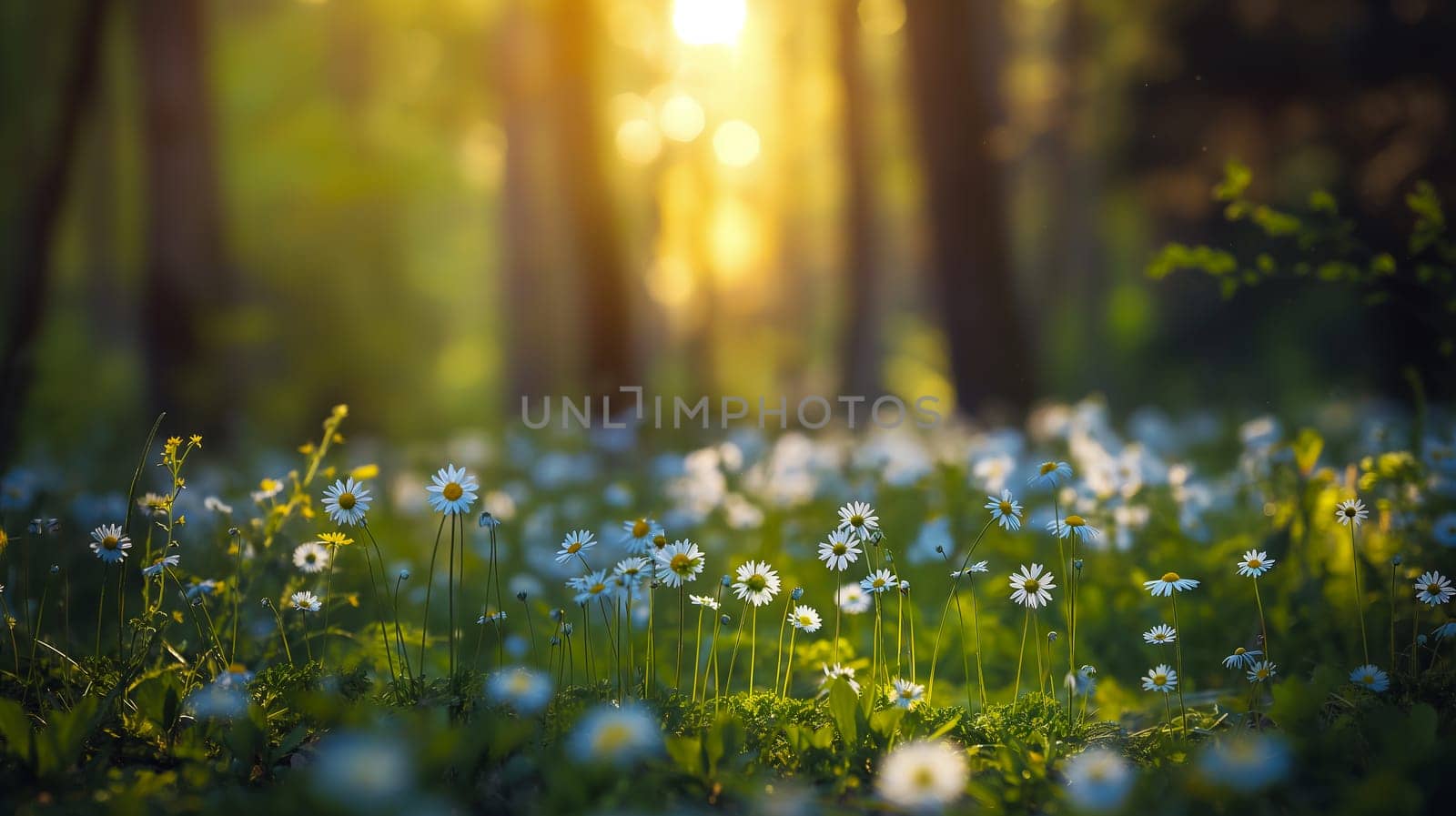 This image captures the serene beauty of a forest meadow filled with wildflowers, bathed in the warm glow of a setting sun.