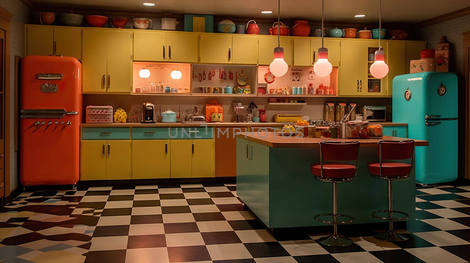 A stylish retro kitchen featuring vibrant vintage appliances, chic furniture, and classic checkered flooring - Generative AI
