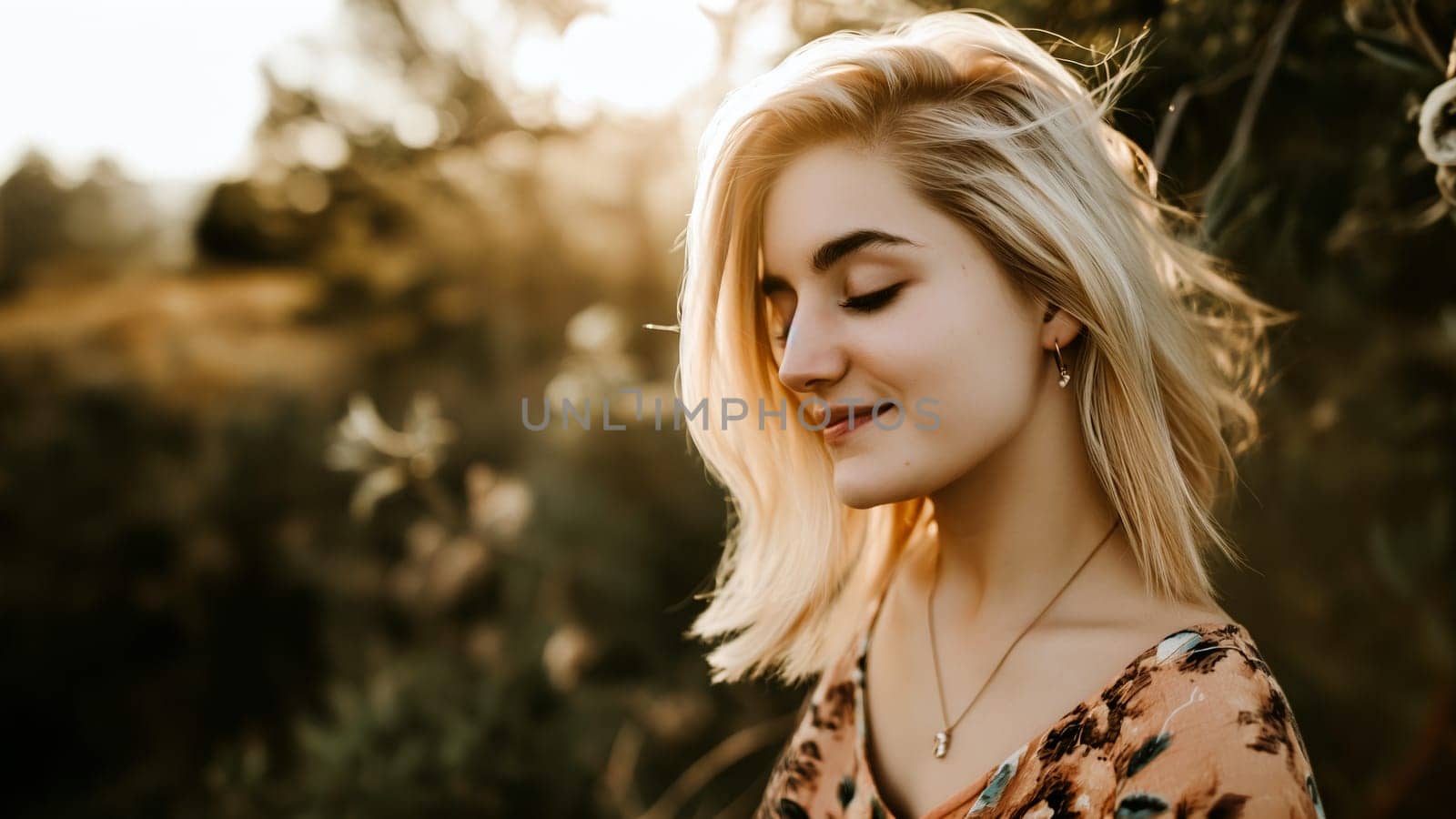 Serene Woman Enjoying Golden Hour in a Peaceful Forest Setting by chrisroll