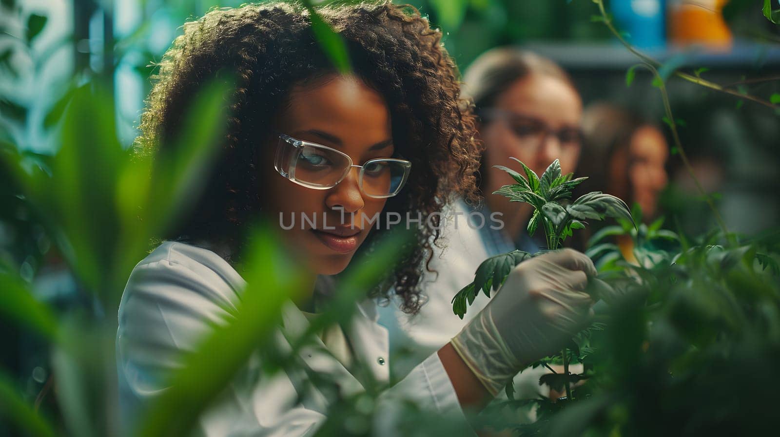 A happy woman wearing glasses is leisurely looking at a terrestrial plant in a greenhouse. She is enjoying a fun vision care event with eyewear while admiring the green grass