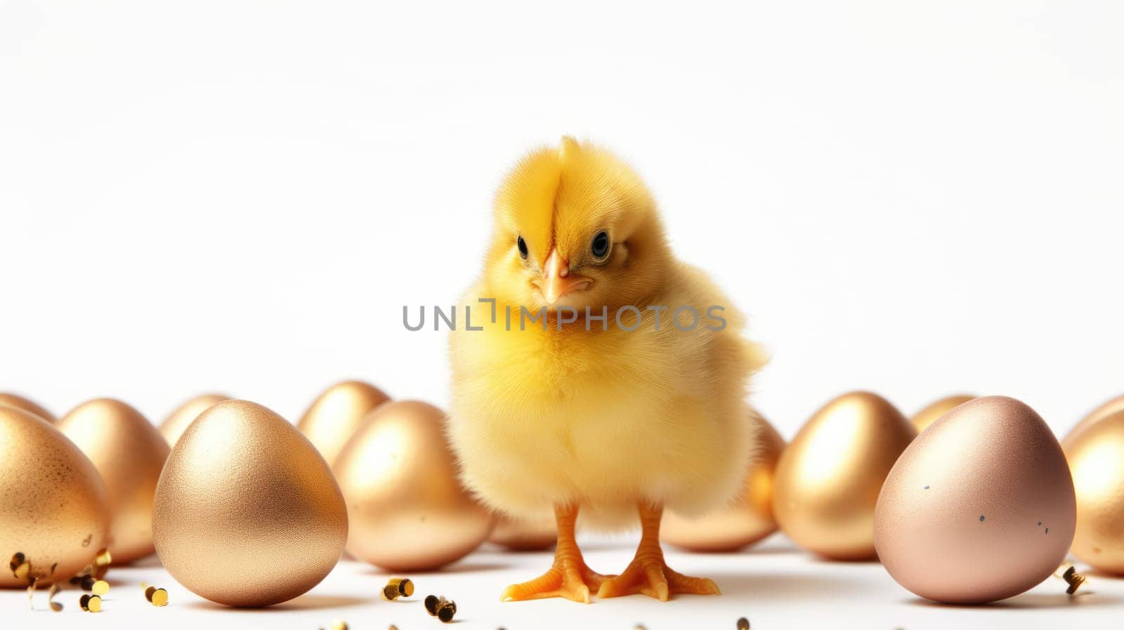 Fluffy yellow baby chick standing in front of golden Easter eggs by JuliaDorian