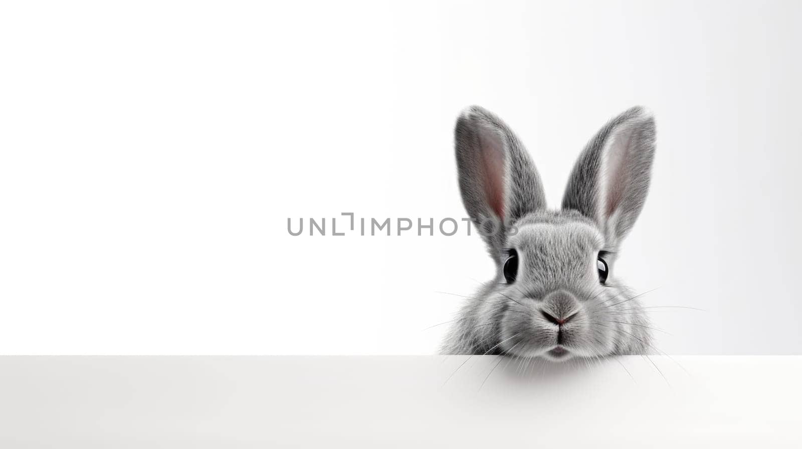 Surprised Funny Cute Bunny with Big Eyes looking out of white banner on Light Background, Cute Animal Portrait by JuliaDorian