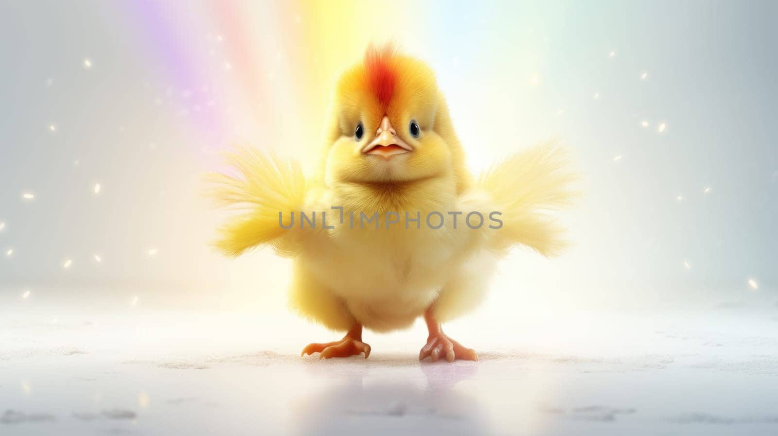 Vibrant chicken flying with colorful rainbow feathers in the sky on bright background by JuliaDorian