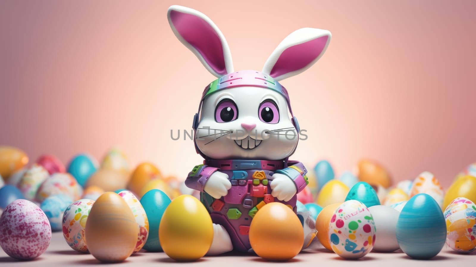 Cyberpunk Rabbit and Retro Outfit on bright Background with Easter eggs by JuliaDorian