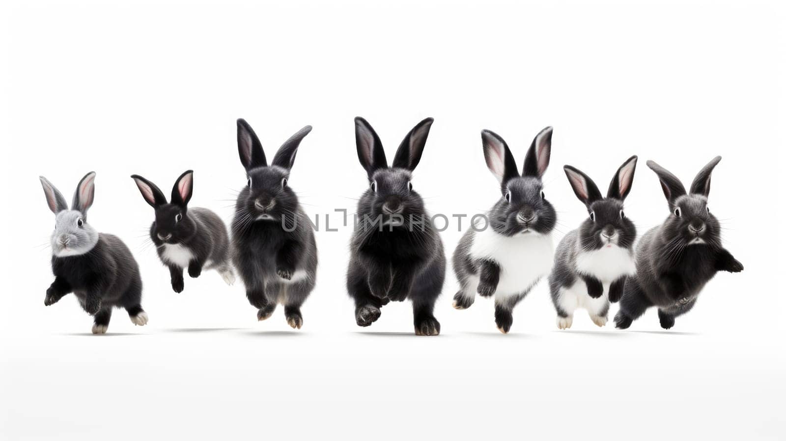Adorable fluffy rabbits with perky ears hopping on white background by JuliaDorian