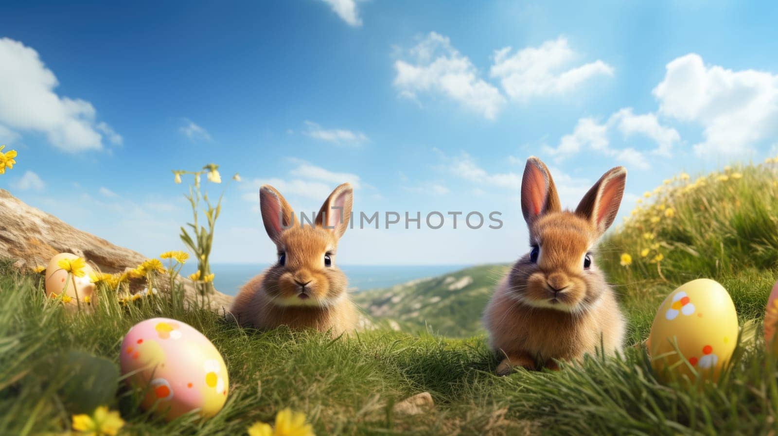 Cute bunnies sitting on the green grass with colorful Easter eggs under clear blue sky on sunny spring day. Easter egg hunt by JuliaDorian
