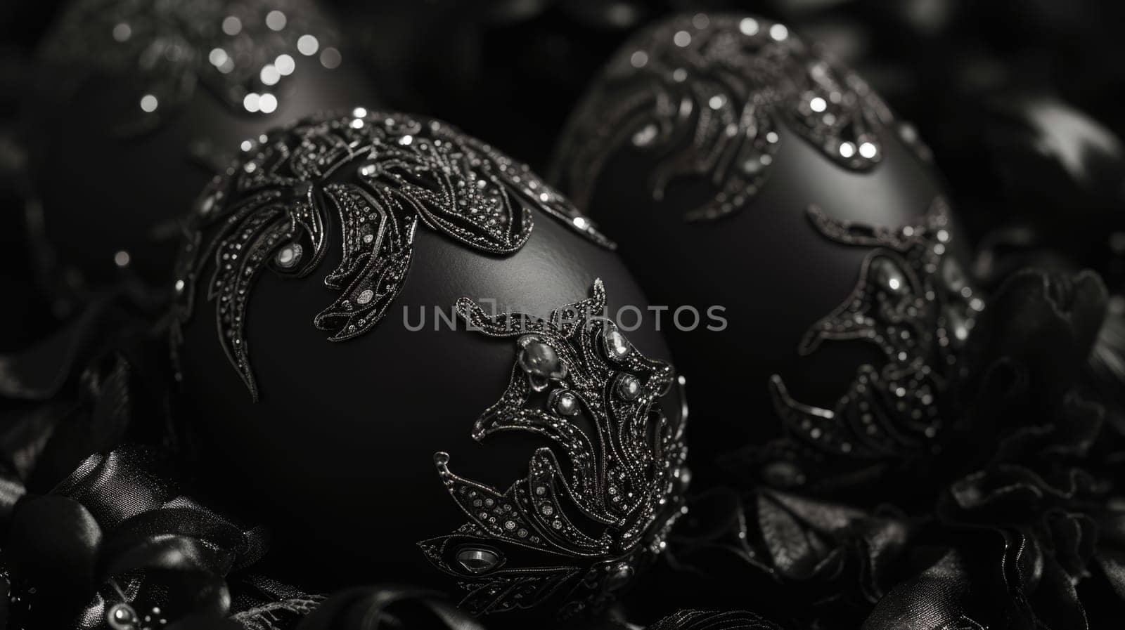 Silver metallic and black Easter Eggs on dark Background. Happy Easter eggs by JuliaDorian