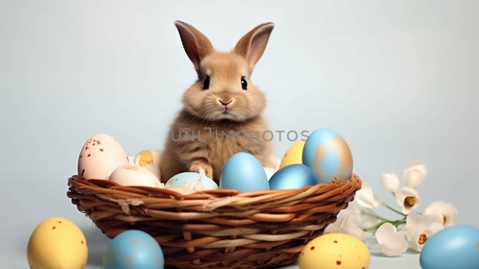 Cute fluffy rabbit in a basket full of colorful Easter eggs on a blue background by JuliaDorian