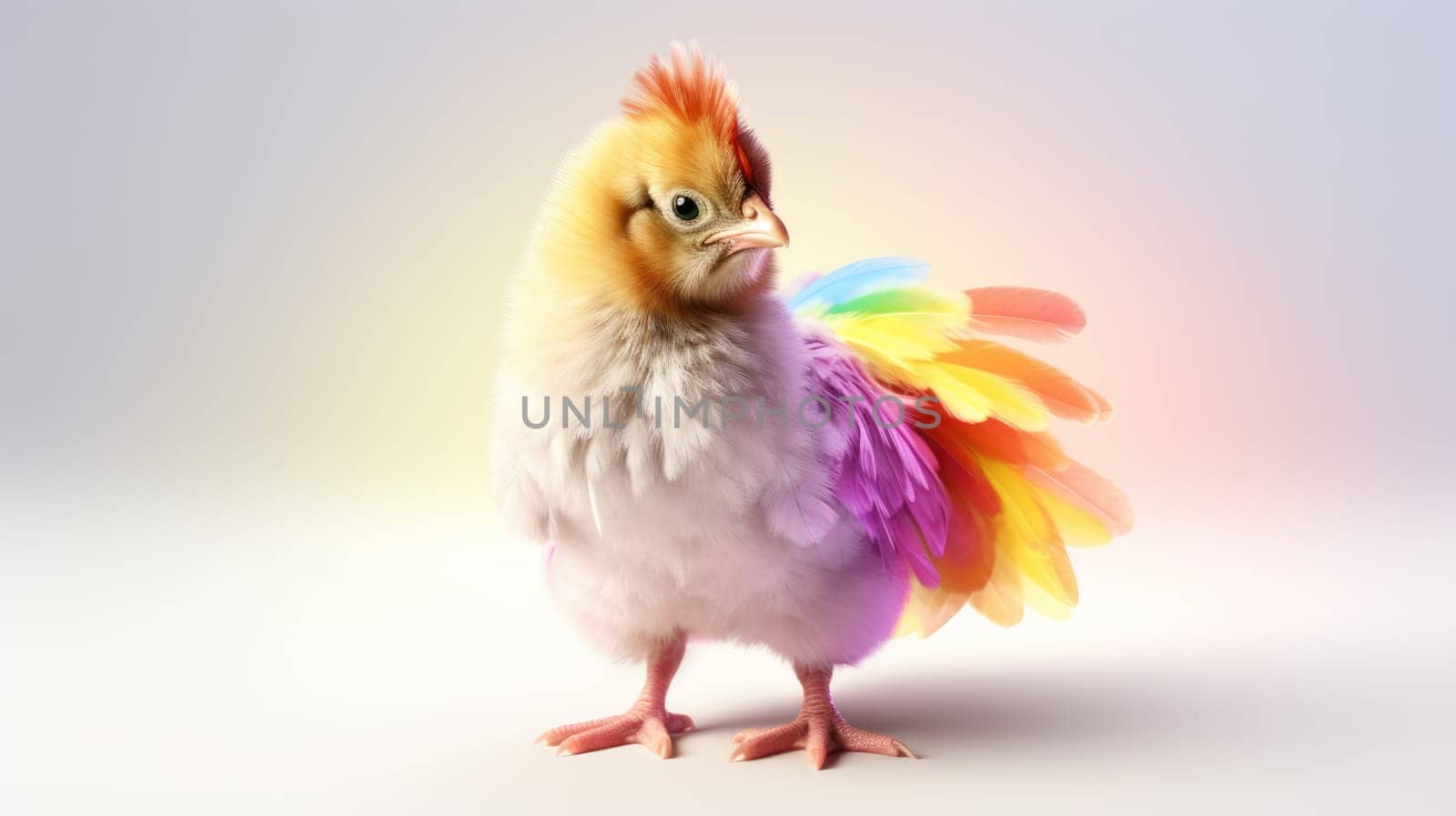 Vibrant chicken with colorful rainbow feathers on bright background by JuliaDorian