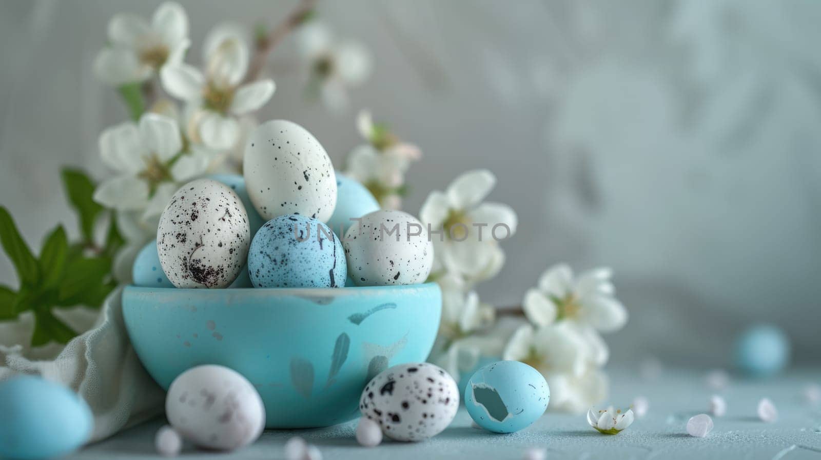 Blue Easter Eggs with White Polka Dots on Light Blue Background. Easter eggs.