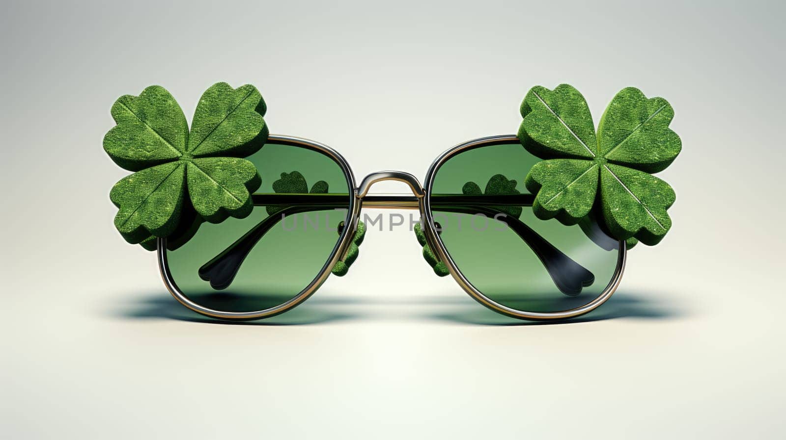 Fashionable Vintage Green Sunglasses with Four-Leaf Clovers on white background. St Patricks Day by JuliaDorian