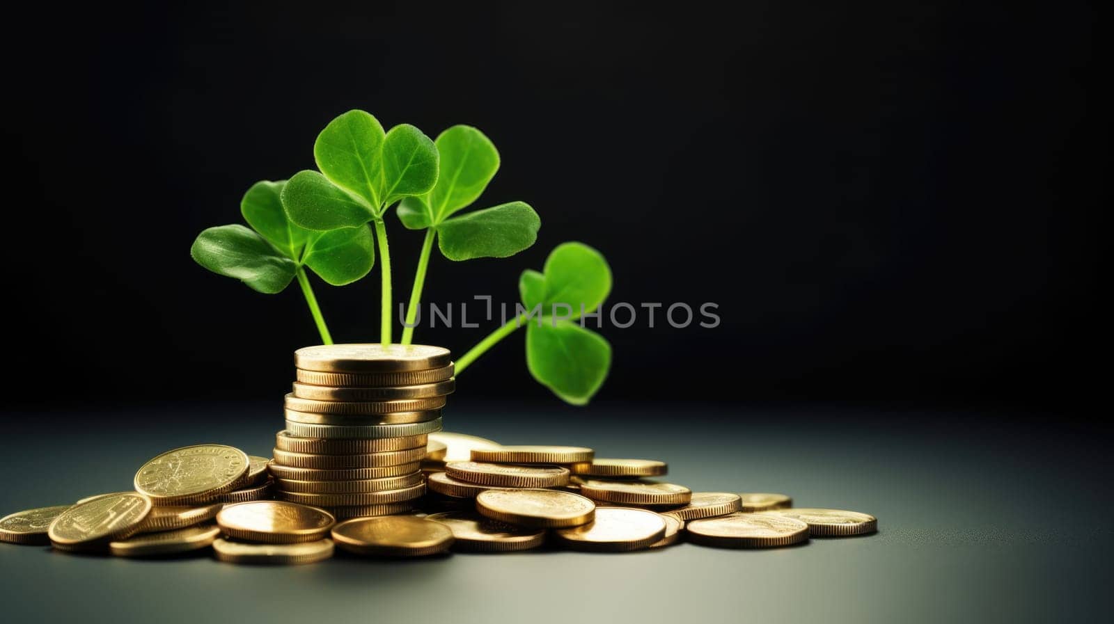 Green clover leaves are growing on stack of gold coins on black background symbolizing luck and prosperity. St Patricks Day by JuliaDorian
