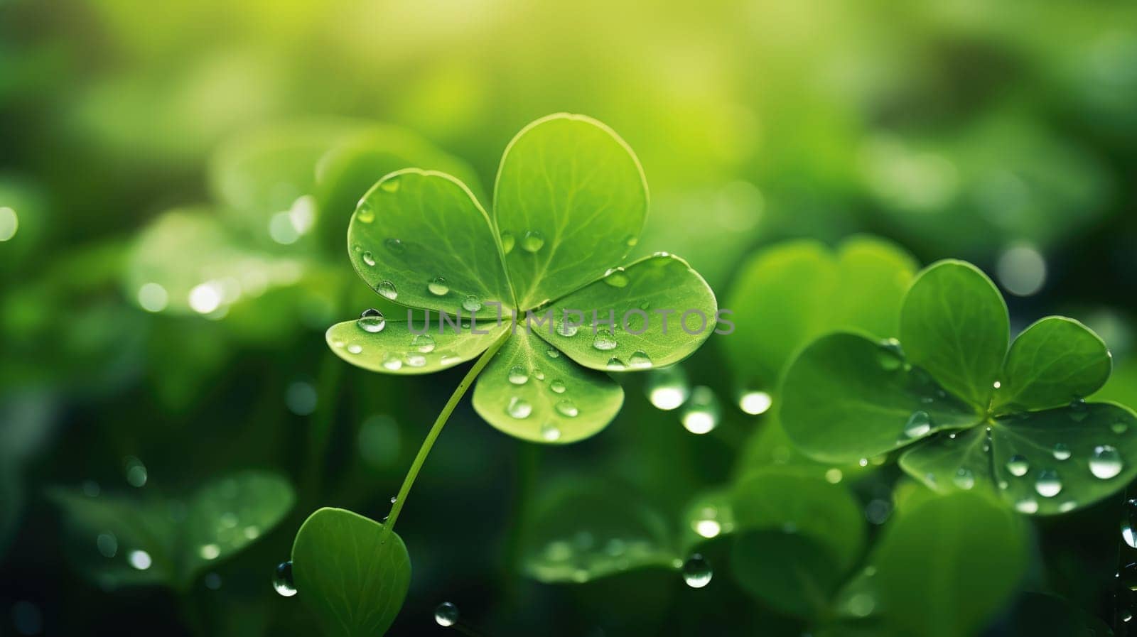 Macro view of green four-leaf clover with morning dew with blurred background, St. Patricks Day luck. by JuliaDorian