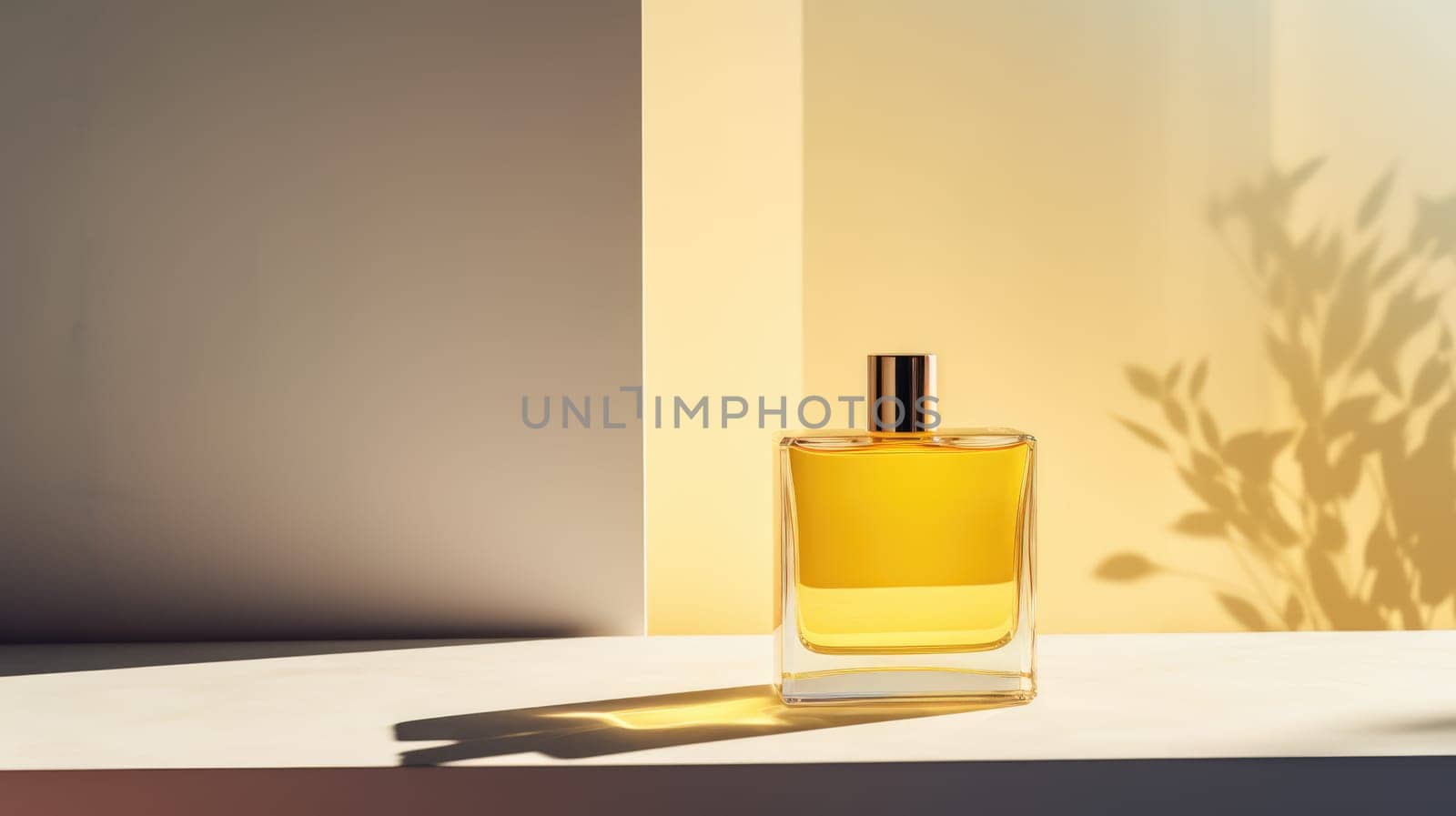 Transparent yellow glass perfume bottle mockup on pedestal with minimalist background. Eau de toilette. Mockup, spring flat lay. by JuliaDorian