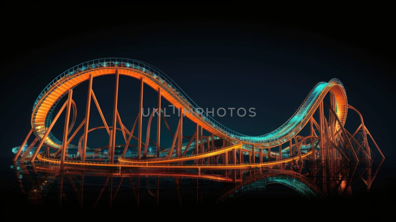 Amusement park with roller coaster at night with bright colorful neon lights by JuliaDorian