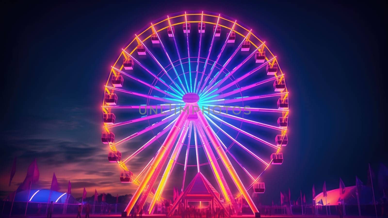 A Ferris wheel at an amusement park is lit up with rainbow colors at night. The Ferris wheel is in focus, and the background is blurry. The Ferris wheel is isolated on a black background.