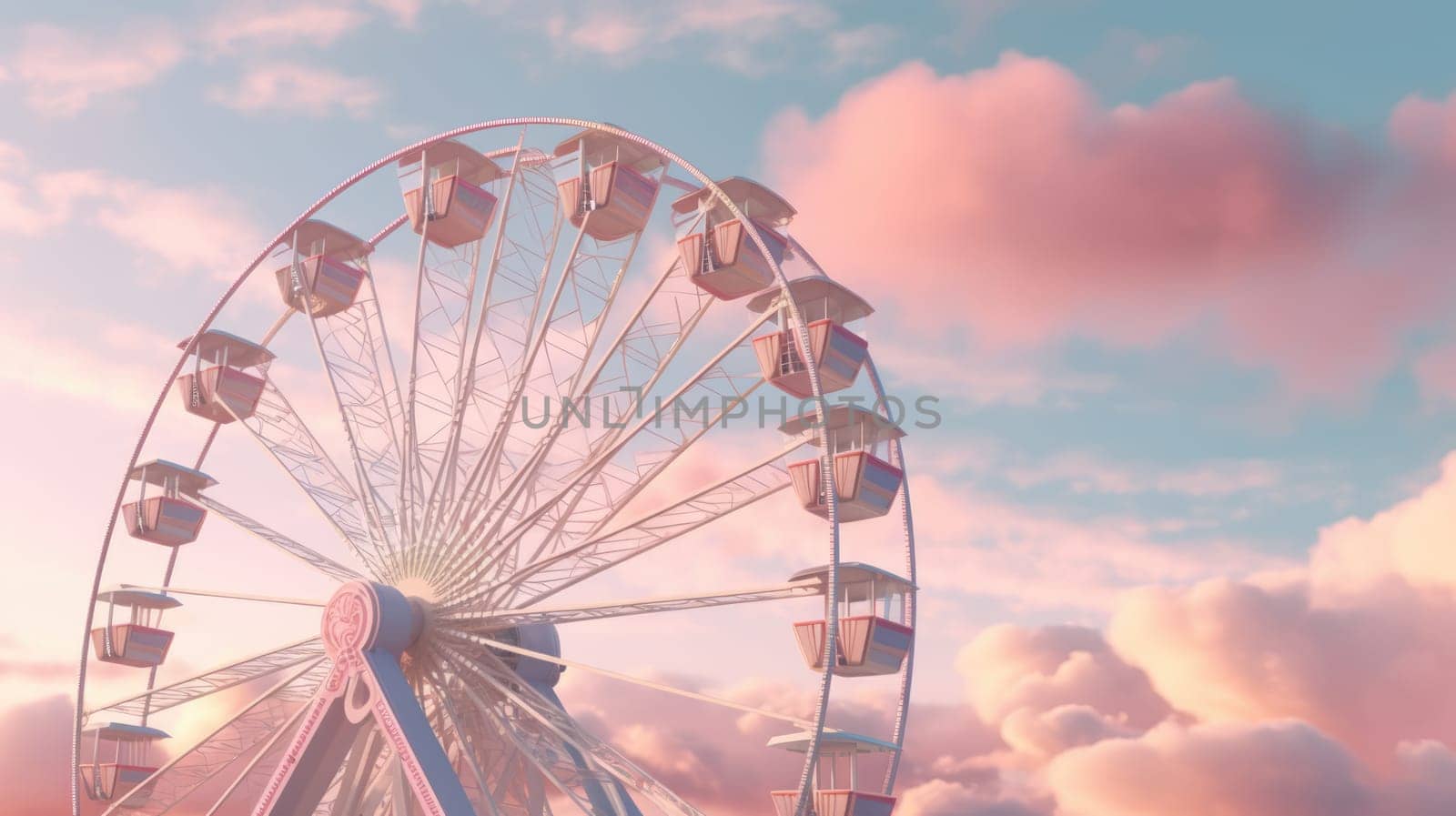 A Ferris wheel at an amusement park with a beautiful cloudy sky in the background. The Ferris wheel is pink and has 10 gondolas. The sky is a gradient of pink and orange, with white clouds.