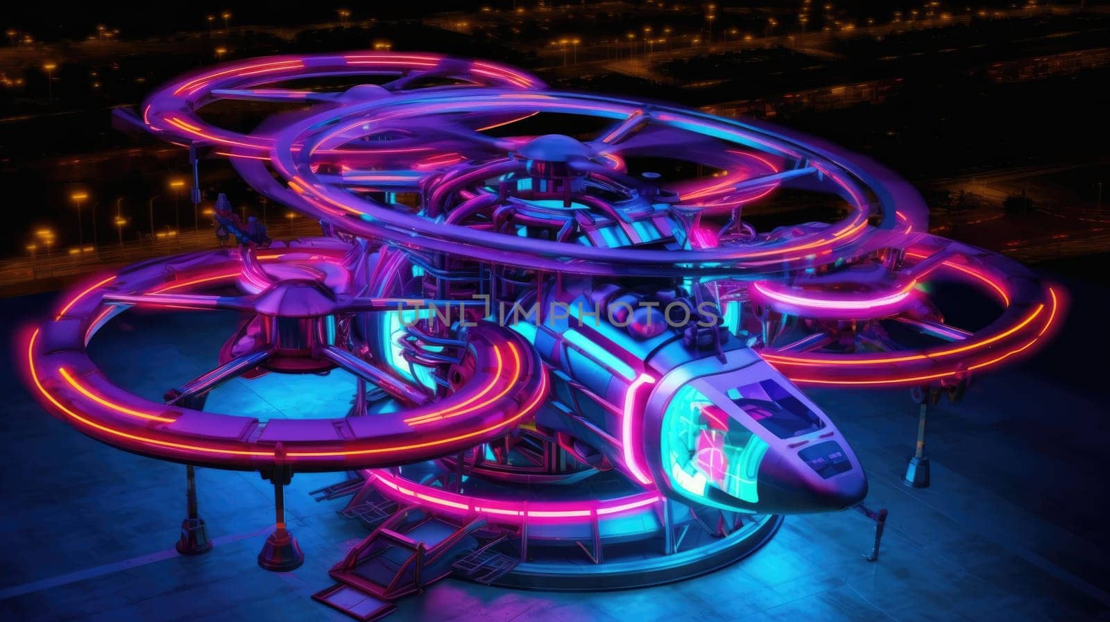 Futuristic helicopter with neon lights in a cyberpunk style. Isolated on black background, great for websites, presentations, and social media. Ideal for futuristic projects.