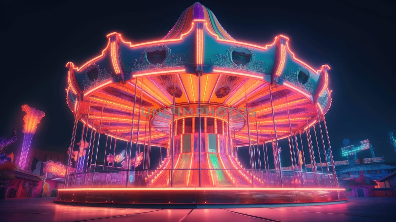 A vibrant carousel at night with retro charm, featuring colorful hues like pink, blue, orange, red, purple, and green, creating a mesmerizing and nostalgic atmosphere.