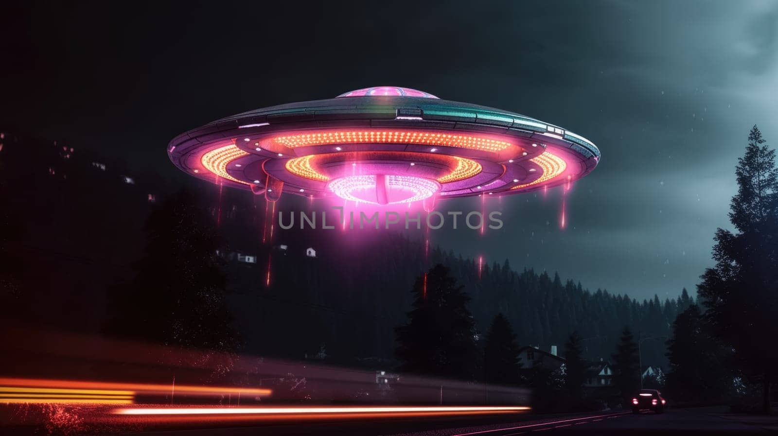 Flying UFO over the night city street with retro neon light vibes style. by JuliaDorian