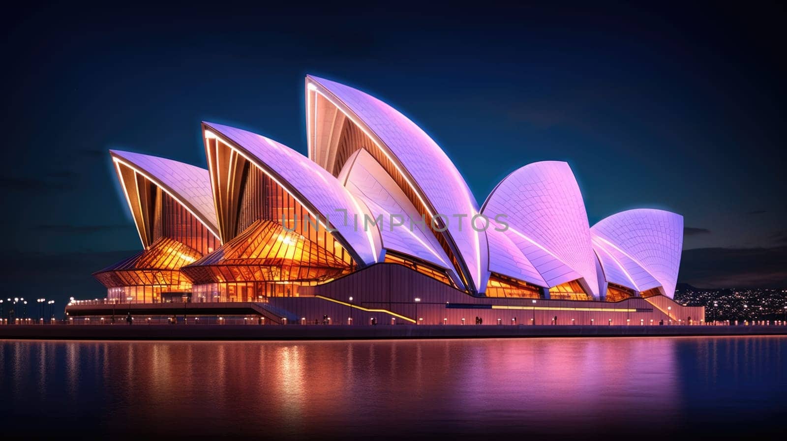 Modern architecture of Sydney Opera House illuminated at night with neon lights by JuliaDorian