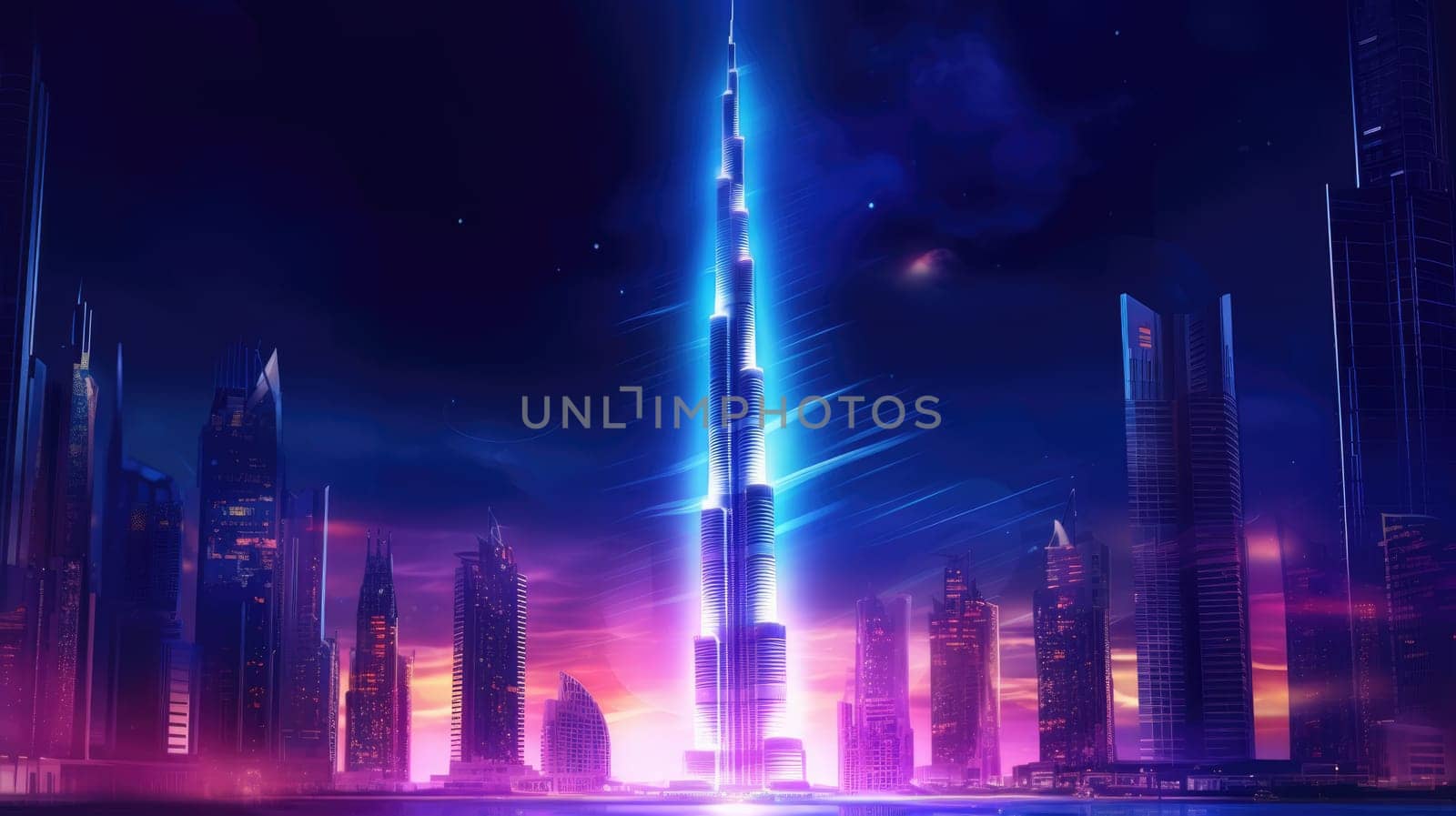 Cityscape of Dubai with Burj Khalifa with neon lights at night, United Arab Emirates, travel background by JuliaDorian