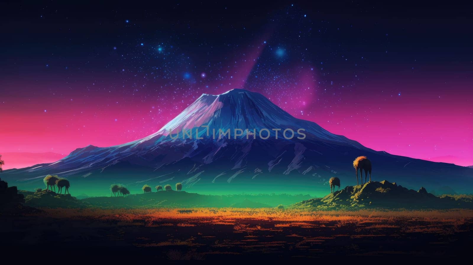 Enchanting Landscape of Fuji Mountain in Japan with Pink neon Sky and Snowy Peaks by JuliaDorian
