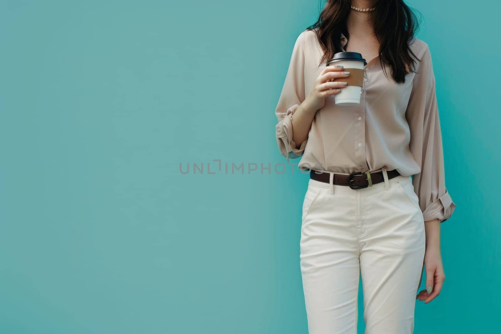 Photo of a business woman with a coffee with Copy space, mockup coffee cup, minimalist by nijieimu