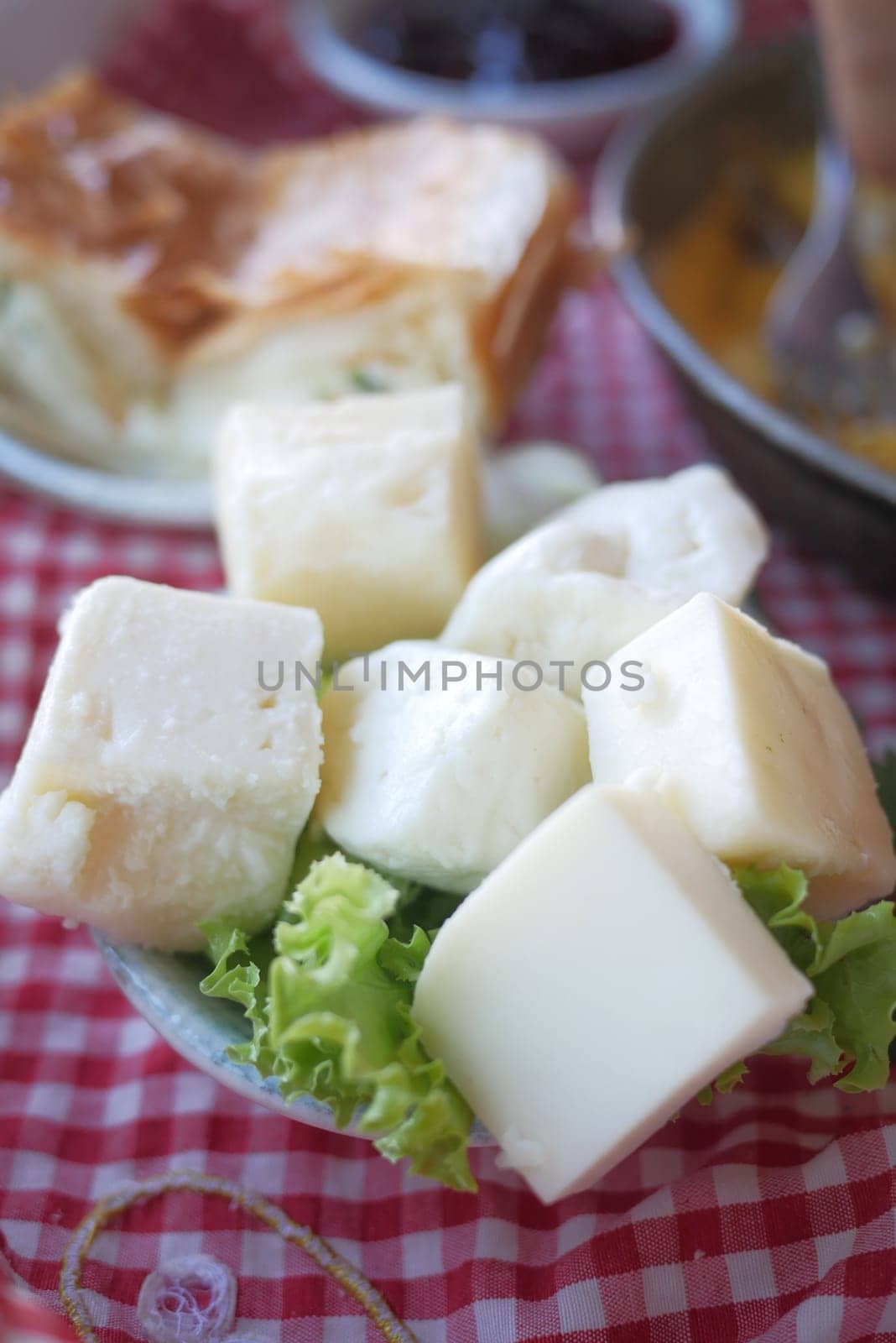 Food plate of cheese cubes and lettuce on checkered tablecloth.