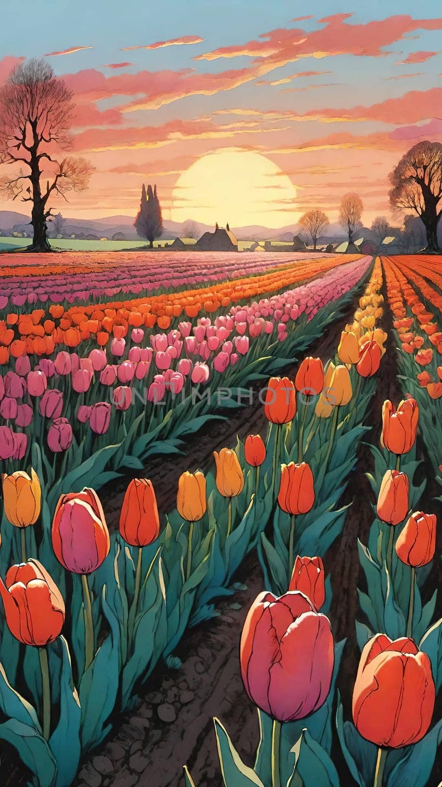 Tulip field at sunset, Colorful background. Wallpaper.Vertica image. by yilmazsavaskandag