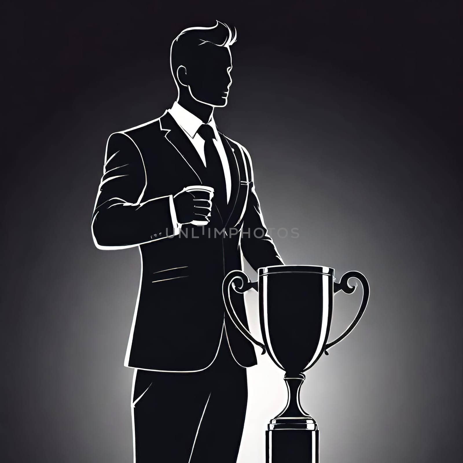 Silhouette of a businessman holding a trophy on a pedestal.Businessman holding a trophy on background. Vector illustration.Businessman on the podium with a trophy .