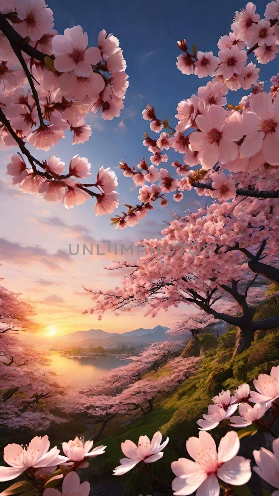 cherry blossom in spring with blue sky background, 3d render.Cherry blossoms in full bloom on the background of the sunset.cherry blossom in spring season with mountain background, digital painting.