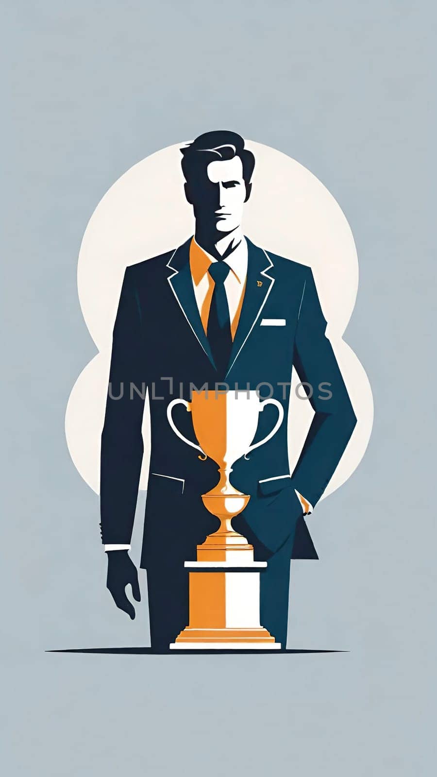 Silhouette of a businessman holding a trophy on a pedestal.Businessman holding a trophy on background. Vector illustration.Businessman on the podium with a trophy .