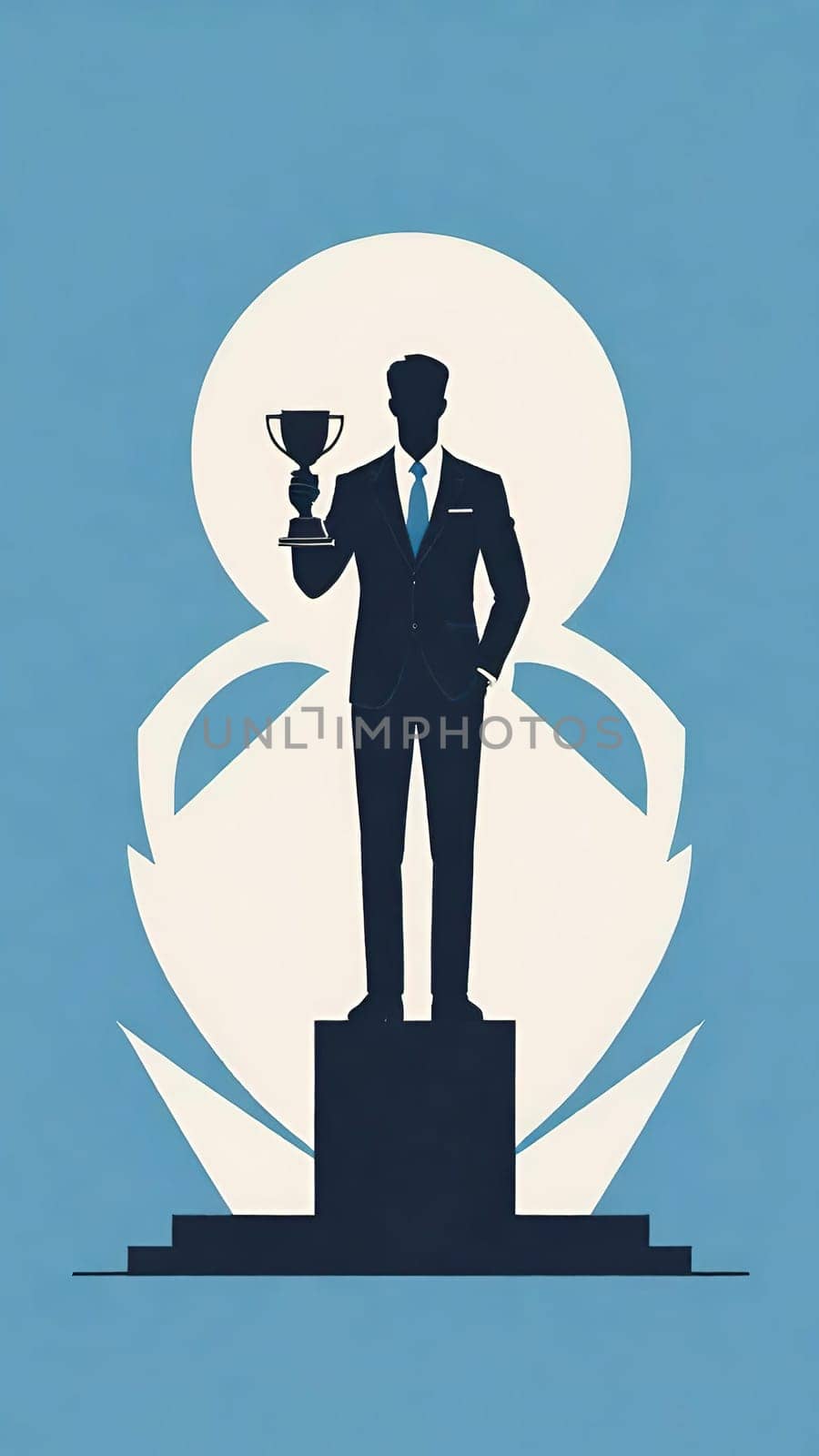 Silhouette of a businessman holding a trophy on a pedestal.Businessman holding a trophy on background. Vector illustration.Businessman on the podium with a trophy .